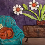 Mixed Media: Paper clay, acrylic paint, collage paper on 1-7/8" birch canvas board. 10" x 12" - $90 SOLD Mid-Century Cat Nap - Whimsical, Paper Clay, Mixed Media Artist Nancy Bolton-Rawles - SOLD
