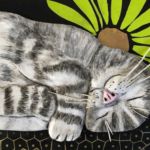 SOLD - "Sleeping Kitty " - Mixed Media: Paper clay, acrylic paint, collage paper on 5″ x 7″ x 1-7/8″ birch canvas board. $75 SOLD - Sleeping Kitty Mixed Media: Paper clay, acrylic paint, collage paper on 5″ x 7″ x 1-7/8″ birch canvas board. - SOLD